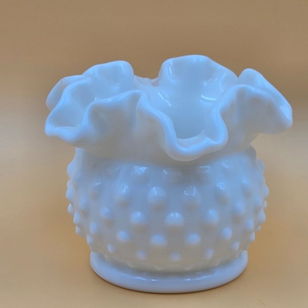 Fenton Hobnail Milk Glass Double Crimped Vase Vintage